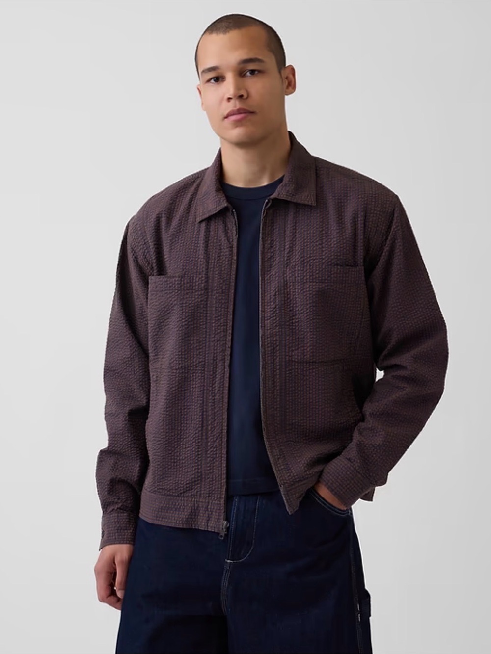 GAP Men's Seersucker Brown Textured Zip Shirt Jacket BEST PRICE